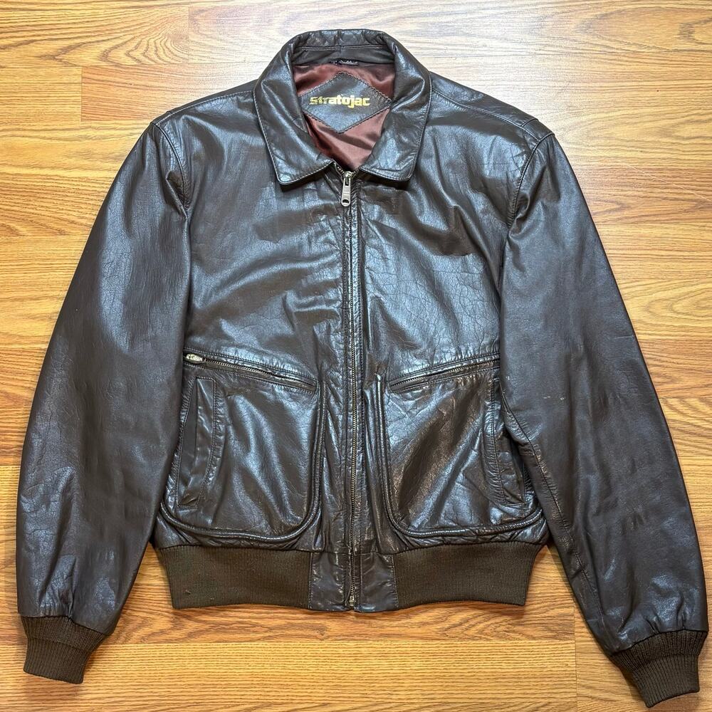 Vintage 80s Stratojac Leather Bomber Jacket Brown Made Korea Mens L